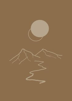 a drawing of a mountain range with a sun in the sky and a trail going through it