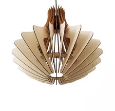 a wooden chandelier hanging from the ceiling in an art deco style with fan like shapes