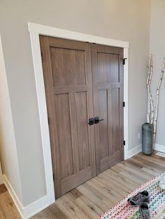 a pair of shoes sitting on the floor in front of a door with two wooden doors