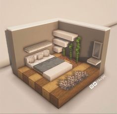 a room with a bed, desk and other items on the floor next to each other