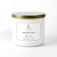 lavender sage soy candle in a white jar with gold lid, on a white background