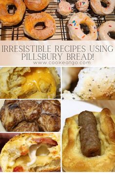 Various pictures of recipes using Pillsbury Bread: Donuts, Cheesy Biscuits, Sausage Rollups, Garlic Bites, Pizza Rolls, and Cinnamon Rolls. Pillsbury Biscuit Recipes, Pillsbury Dough, Bread Dough Recipe, Pillsbury Recipes, Unique Food, Weeknight Dinner Recipes Easy, Dinners To Make, Easy Family Dinners