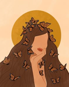 a painting of a woman with butterflies on her head and hands under her chin, looking to the side