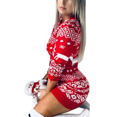 Red Snowflake Print Knit Sweater Dress Winter Knitted Mini Dress, Knitted Mini Dress For Winter, Cozy Mini Dress For Winter, Winter Knitted Long Sleeve Mini Dress, Winter Long Sleeve Knitted Mini Dress, Knitted Long Sleeve Mini Dress For Winter, Long Sleeve Knitted Mini Dress For Winter, Fitted Red Christmas Sweater, Cozy Winter Mini Dress