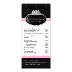 a black and white menu with pink trimmings on the front, and an ornate bow at the top