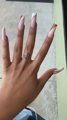 Acrylic Line Nail Designs, Nail Ideas Simple Acrylic, Med Length Nail Designs, Long Nails Square Design, Simple Spring Nails Acrylic Coffin, Arycrilc Nails, Colored French Tip Nails Coffin, Acrylic Nails Simple Designs, Trending Acrylic Nails 2023