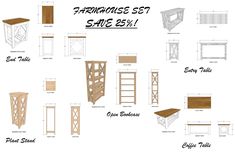 some shelves and tables are shown with measurements for each shelf in the diagram, which is labeled