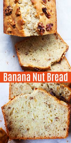 sliced banana nut bread on top of a cutting board with the words, how to make bananas nut bread