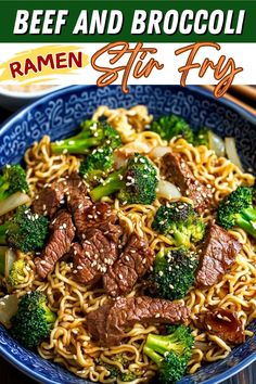 beef and broccoli stir fry in a blue bowl with sesame seeds on top