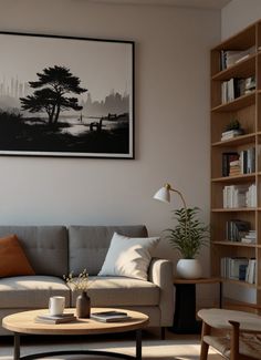 a living room filled with furniture and a painting hanging on the wall above it's coffee table