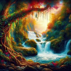 a painting of a waterfall in the forest