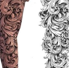 an artistic tattoo design on the arm and leg