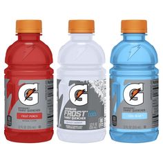 three different types of gatorade water are shown in this image, one is red, the other blue