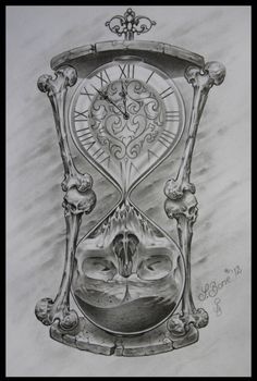 a pencil drawing of an hourglass with two swans in the water and bones on it