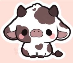 a brown and white cow sticker sitting on top of a pink background with black spots