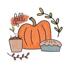 a drawing of a pumpkin and cupcake with the word fall written on it's side