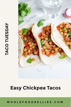 three tacos with chickpea and cilantro on them