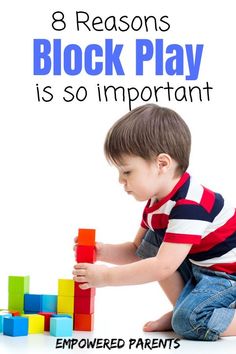 a young boy playing with blocks in front of the words, 3 reason block play is so important