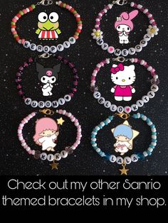 several bracelets with cartoon characters on them and the words check out my other sanrio themed bracelets in my shop