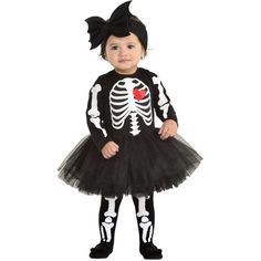 Watch your tiny dancer shake 'dem bones! This Skeleton Dancer costume features a black dress printed with a white skeleton rib cage and red heart a black tulle tutu leggings printed with white leg bones and a batwing headband to complete the look. The dress is soft and snug with long sleeves to keep your little one warm on Halloween night. pbBaby Skeleton Dancer Costume product details:-b-p ul liPrinted dress-li liPrinted leggings-li liTulle skirt-li liBatwing headband-li liPolyester exclusive o Bones Costume, Baby Costume Ideas, Kids Halloween Costume Ideas, Halloween Costumes For Babies, Costumes For Babies, Skeleton Baby, Halloween Trick Or Treating, Coconut Oil Lotion, Tutu Dress Costumes