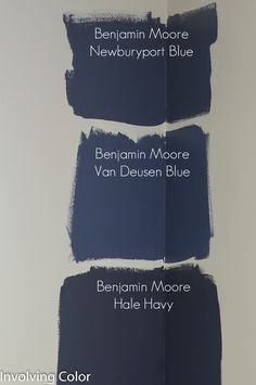 three different shades of blue paint with the names on them in white and black text