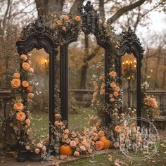 an old fashioned mirror decorated with flowers and pumpkins in front of a park bench