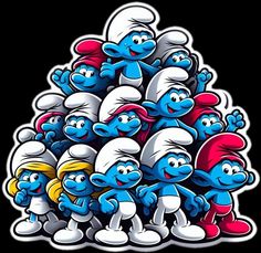 an image of the smurfs cartoon character group in front of a pyramid of other characters