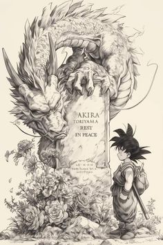 an ink drawing of a dragon and a man standing next to a grave with flowers