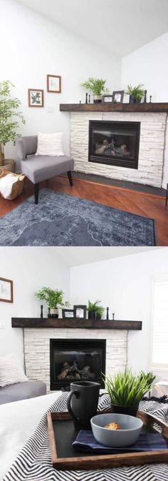 before and after pictures of a living room with fireplace, couches, rugs