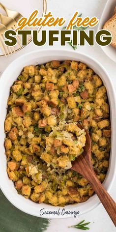 a white bowl filled with stuffing next to bread