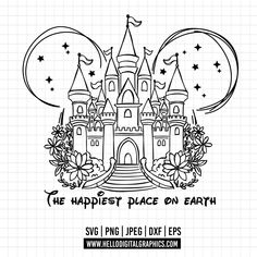 the disney castle on earth coloring page is shown in black and white, with stars above it