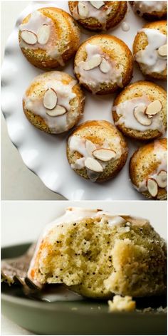 there are two pictures of different pastries on the same plate, one with frosting and one with almonds