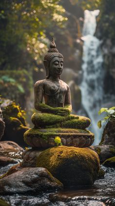 a buddha statue sitting on top of moss covered rocks in front of a small waterfall