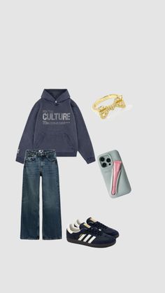 a pair of sneakers, sweatshirt and jeans with accessories