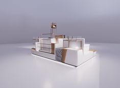 an artistic rendering of a house made out of white and gold boxes with a clock on the top