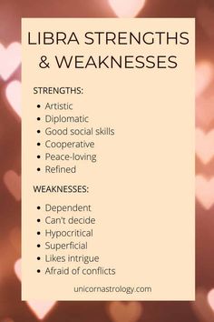 a poster with the words libra strengths and weakness written in white on it