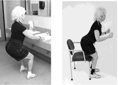 an older woman doing exercises in front of a mirror and on the back of a chair