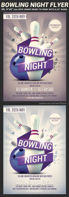 bowling night flyer template with purple and white colors