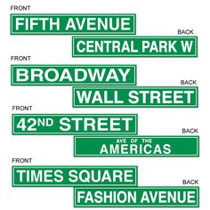 the street signs are clearly visible for all to see in this area, including fifth avenue and central park