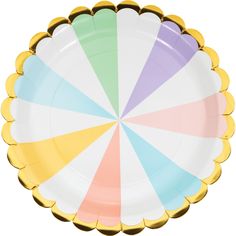 a colorful paper plate with scalloped edges and gold rims on the edge