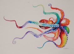 an octopus is painted in multicolors on a white paper with watercolng