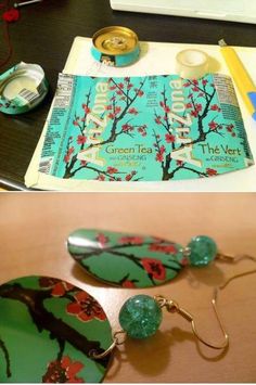 two pictures of green and red earrings on top of a desk next to a computer