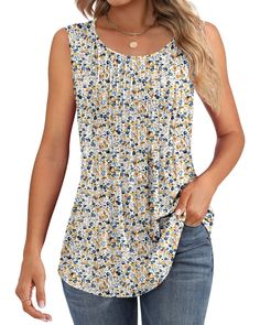 PRICES MAY VARY. Slim Fit Features: this women's summer sleeveless blouse features a crew neck design with pleats on the front; A pleated design in the middle tightens the waist and hides the belly, creating a slimming effect suitable for any body type; The length of this basic tank top is enough to cover your tummy and bum; Upgrade your summer wardrobe with these casual yet dressy tops and celebrate summer in style Stretchable Material: this crew neck tank top for women is made from 60% polyest Summer Crew Neck Blouse For Daywear, Summer Daywear Blouse With Crew Neck, Spring Summer Tank Top With Crew Neck, Casual Summer Blouse Vest, Spring Beach Tank Top With Crew Neck, Spring Beach Crew Neck Tank Top, Spring Crew Neck Tank Top For Beach, Spring Printed Top With Scoop Neck, Spring Scoop Neck Printed Top