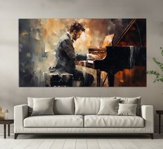 a painting of a man playing the piano in front of a white couch and coffee table