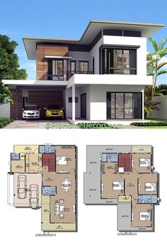 two story house plans with garage and living room in the middle, one bedroom on each floor