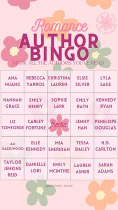 a pink poster with flowers on it and the words romance author bingo written in different languages