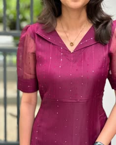 🚨RESTOCKED🚨 E-473 Wine Jute organza Kurti with flap neck in elbow sleeves (with lining ) Sizes:XS to XXL Mild soap handwash and steam ironing is recommended Dm for orders and price Colour may slightly vary due to lighting Model Size -Xs [kurti, festive, maxi, co ord, kurta sets, regular wear, casual wear, office wear, style, marriage] #kurti#casulakurti#dailywearkurti#smallbusiness#officewearkurti#officewearstyle#kurtisofeyal#festivekurtis#kurtidesign#kurtis #kurticollection#kurtifash... Stitching Dress Ideas, Neck Styles For Dresses, Dresses Neck Designs, Organza Kurti Designs, A Line Kurti Designs, Neck Line Design, Kurthi Design, Neck Designs For Kurtis, Chudidhar Designs