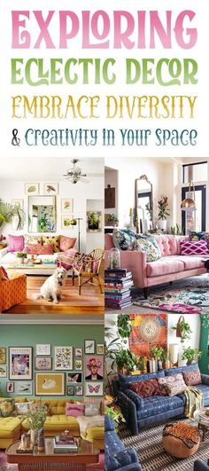 an advertisement for a living room with colorful furniture and pictures on the wall above it