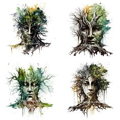 four different faces with trees growing out of them