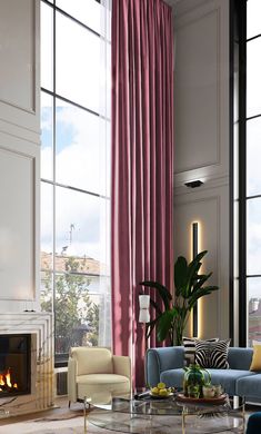 a living room filled with furniture and a fire place in front of a window covered in pink curtains